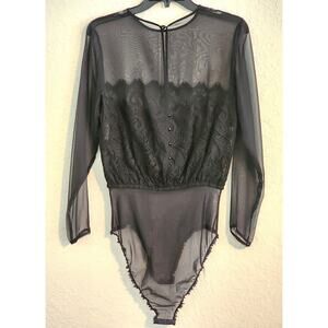 TOP/LINGERIE -NATORI-Sheer-Black-Lace-One Piece-Long Sleeve-Bottom Hook-Size SM